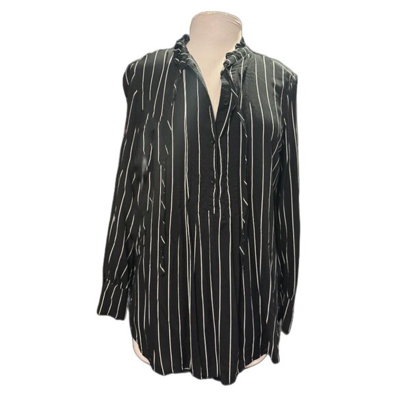 Vera Wang Striped Black White Button Down Ruffle Tie Long Sleeve Small Blouse SM - Picture 1 of 12